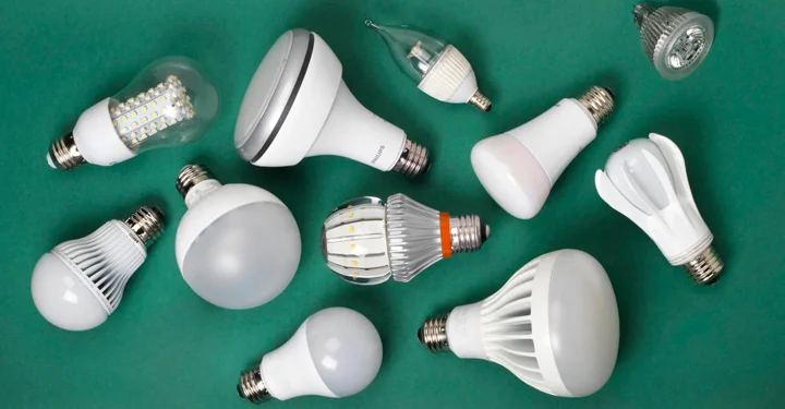 انواع لامپ های ال ای دی که بر روی یک بک گراند سبز قرار گرفته اند. جدیدترین تکنولوژی لامپ LED ها هستند.