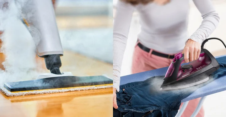 یک بخارشوی در حال تمیز نمودن کفپوش چوبی. زنی در خال اتو کردن یک شلوار جین آبی به واسطه یک اتوبخار بنفش رنگ. اتوبخار و بخارشوی در دسته انواع وسایل نظافتی و شست و شو برقی قرار دارند.