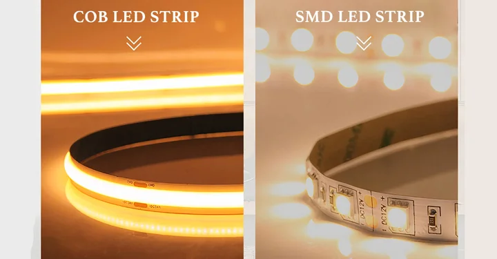 مقایسه دو عدد ریسه SMD و COB که تفاوت چینش LED ها در هر دو نوع تکنولوژی به خوبی مشخص است. 