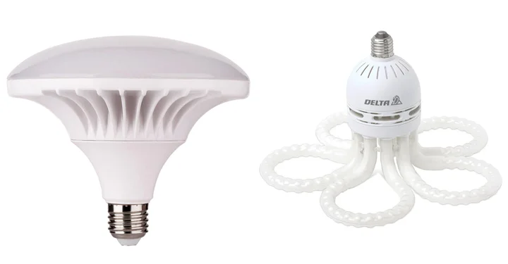 نمونه ای از لامپ های طرح گل و قارچ با فناوری ال ای دی که در یک تصویر با یک گراندی سفید قرار گرفته اند.