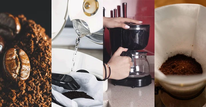 دانه های قهوه، آب، قهوه ساز و فیلتر قهوه ساز که از اصلی ترین فاکتور های تهیه قهوه با قهوه ساز محسوب می‌شوند در کنار یکدیگر قرار اند. 