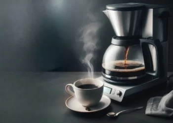 یک دستگاه قهوه ساز در کنار یک فنجان قهوه به منظور تهیه قهوه با قهوه ساز قرار گرفته است. | برقیجات