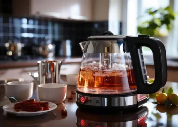 یک چای ساز بر روی میز قرار گرفته است و داخل آن چای قرار دارد.