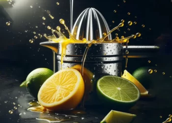 یک آب مرکبات گیر برقی که در تصویری با بک گراند تیره قرار دارد و در اطراف آن تعدادی لیمو و پرتقال وجود دارد.