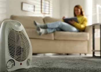 بخاری برقی فن دار و قابل حمل که بر روی زمین قرار گرفته است و پس زمینه آن یک زن با لباسی ززرد بر روی مبل نشسته است.