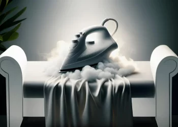 یک عدد اتوبخار که بر روی یک میز اتوکشی قرار گرفته است و دارد یک پارچه را اتو می‌کشد.