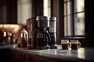 یک قهوه ساز که بر روی یک میز در کنار دو فنجان قهوه قرار گرفته است.
