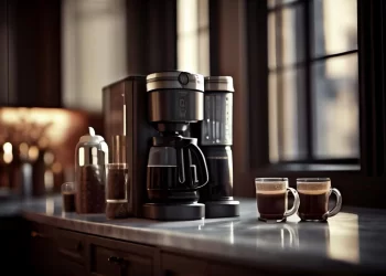 یک قهوه ساز که بر روی یک میز در کنار دو فنجان قهوه قرار گرفته است.