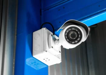 یک دوربین آیپی نصب شده بر روی دیوار که دارای بدنه سفید است.