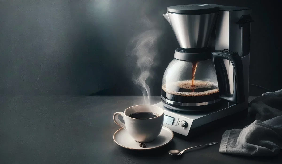 یک دستگاه قهوه ساز در کنار یک فنجان قهوه به منظور تهیه قهوه با قهوه ساز قرار گرفته است. | برقیجات